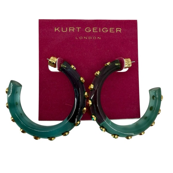 Kurt Geiger London Gold and Green Multicolor Studded Resin Hoop Earrings NWT - Picture 2 of 6